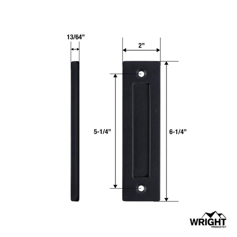 Matte Black Sliding Barn Door Handles Set With Included Hardware Kit, showing side and front view with dimensions marked