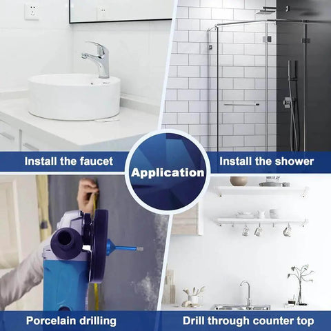 Applications of 2 Pack 1/4 Inch Diamond Core Drill Bits for drilling in porcelain, installing faucets and showers, and countertops.