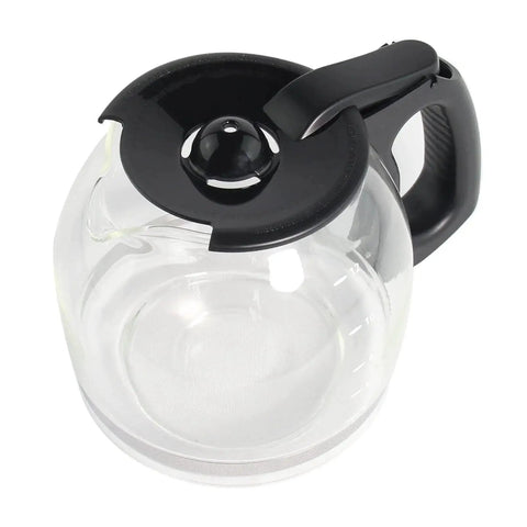 12-cup glass coffee carafe with black lid and handle; compatible with Mr. Coffee