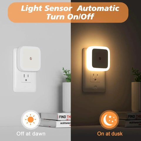 8 Pack Dusk To Dawn Wall Plug Night Lights 3000K Warm White LED shown off at dawn and on at dusk