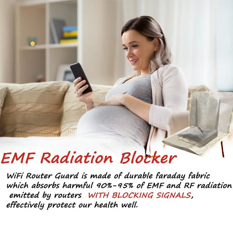 WiFi router Faraday cage cover with metallic shielding fabric shown beside a pregnant woman on a sofa