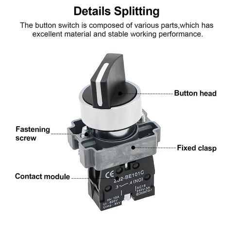Two Pack Beefy Metal Head Selector Switch 2 Position 1NO 10A 600V Industrial Toggle Switch details; shows button head and contact module.