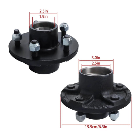 Trailer Hub Kit 5 On 4.75 Inch For 3500 Lb Axles showing two iron hubs with bearings and bolts for trailers.