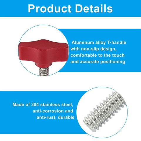 Four Pack 1/4-20 By 1-1/4 Inch Thumb Screws With Stainless Steel Threads And Red Aluminum Knob close-up details