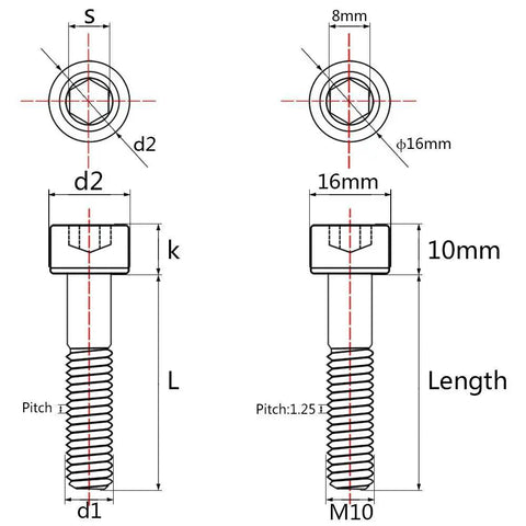 Technical drawing of Premium Titanium Cap Socket Head Bolts M10x55mm Pack Of 4 For CNC Machinery Bikes And Heavy Duty Projects