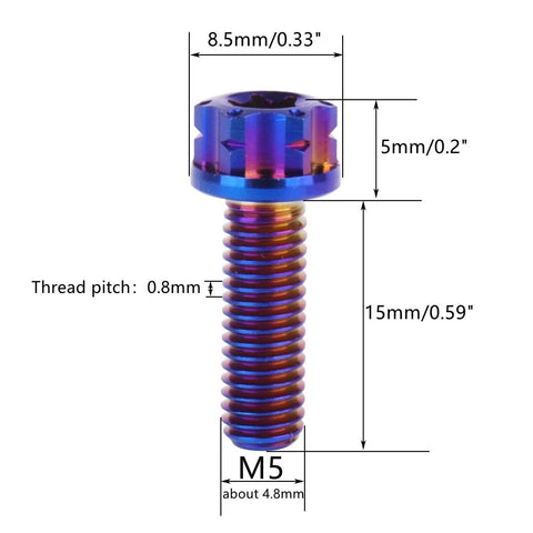 Burnt Blue Titanium Flange Torx Head Bolt with dimensions, M5 Pack Of 4 In 10 15 20mm Lengths Grade 5 Titanium Alloy 6AL4V