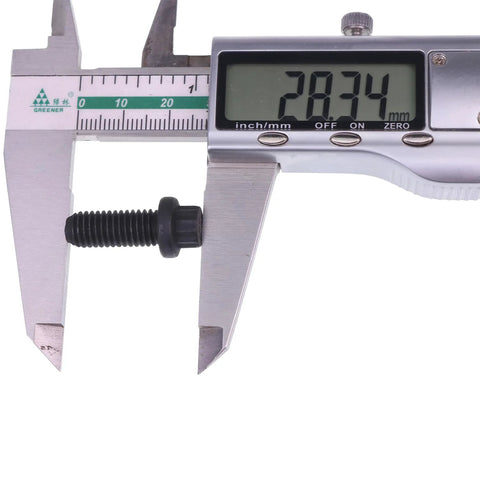 Pressure plate bolt, 8mm, flanged black steel, shown with digital caliper for length measurement