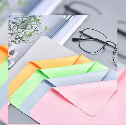 Eyeglass Cleaning Cloths Microfiber 230GSM Thickened Double Sided 10 Pack in assorted colors next to eyeglasses