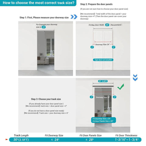 Installation guide for 30 Inch Bi Folding Sliding Barn Door Hardware Track Kit with easy installation steps and measurements.