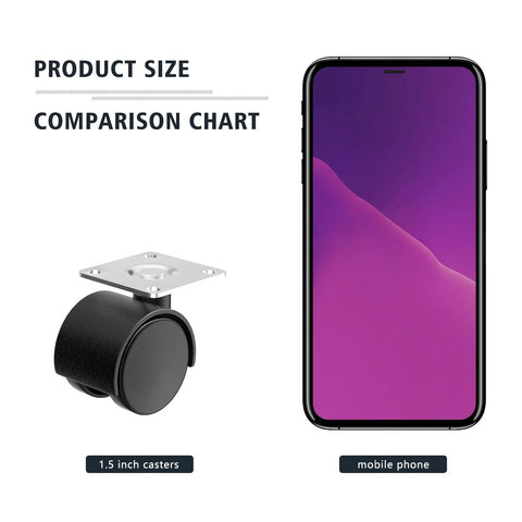 Size comparison chart of 1.5 inch nylon plate swivel caster wheel next to mobile phone for visual scale reference.