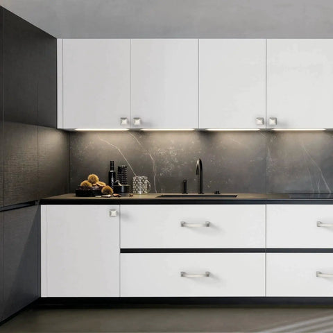 Brushed Satin Nickel Cabinet Pulls 4 Inch 102mm Hole Center Kitchen Cabinet Handles in a modern kitchen setting