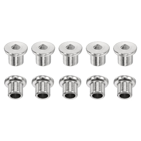 10 Pack Hollow Dowels and Tenon Center Transfer Plugs Three Eighth Inch Dowel Centering Pins Drilling Hole Tool for Woodworking Pro Grade Handy Durable 304 Stainless Steel Black, showing ten metal plugs with hollow centers.