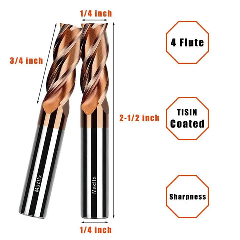 Quarter Inch Carbide End Mill Set For CNC Machining, Four Flutes, Two And A Half Inches Overall Length, Quarter Inch Shank