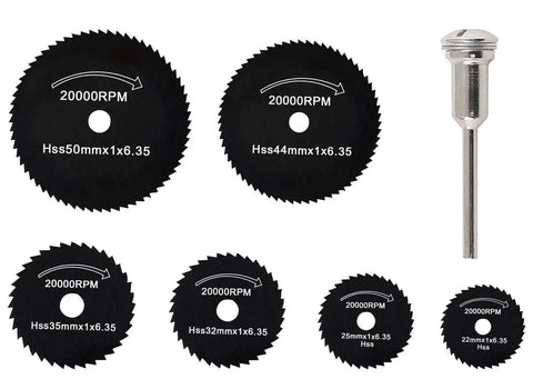 7 Piece HSS Circular Saw Blades Set With One Eighth And One Quarter Inch Mandrels For Mini Rotary Tools, six blades and a mandrel