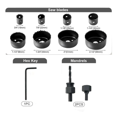 Pro Grade All-In-One Hole Saw Kit With 11 Pieces From 3/4 Inch To 2-1/2 Inch Blades, Mandrels, Drill Bits, Hex Key And Storage Box