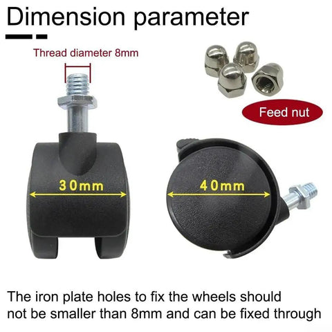 Diagram showing dimensions of 4 Pcs Wheel Pulley Caster Wheels For Electric Heaters Omni Directional Swivel Casters with 8mm thread.