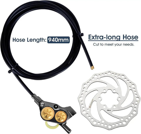 Kethvoz MTB hydraulic brake set for front and rear with 180mm rotor, dual-piston caliper, extra-long hose