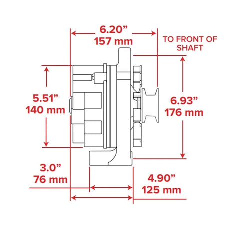 Technical diagram of 1G Style High Output 110 Amp Alternator for Ford 1965 1989 V6 and V8 Models with measurements shown