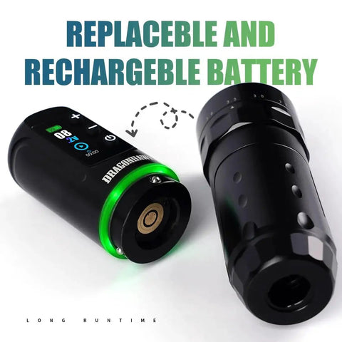 Dragonhawk L3 cordless tattoo kit with pen-style gun, black body and green ring, includes two batteries and RCA jack
