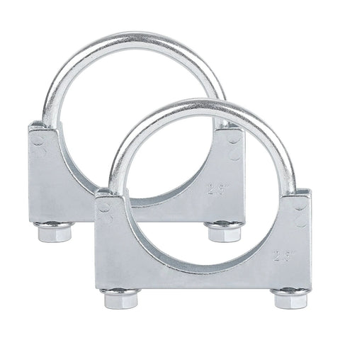 Two chrome-plated U-bolt saddle clamps, 2.5-inch size, heavy-duty muffler clamps