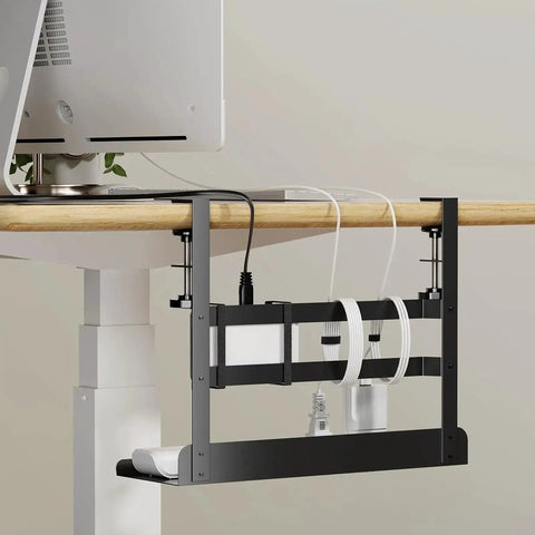 Under Desk Cable Management Tray With No Drill Clamp Mount installed, organizing cables neatly under a desk with protection pads visible.