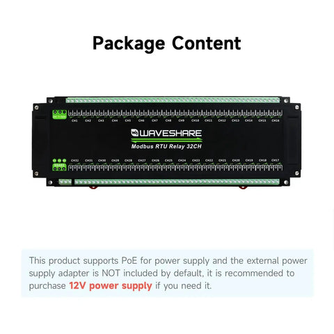 Front view of 32 Channel Modbus RTU Relay Module with RS485 Interface and Isolation Protection Circuits, rail mount case shown