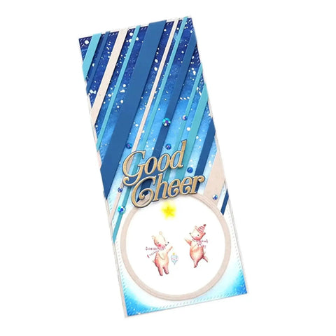 Greeting card with "Good Cheer" text, decorated with blue and silver diagonal stripes, featuring dancing bears and stars.
