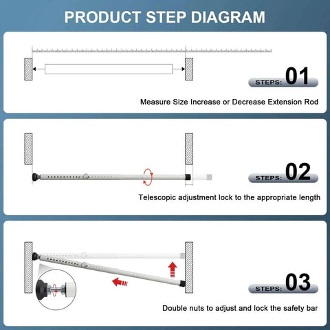 Diagram showing installation steps for Adjustable Sliding Door Security Bar 17.5 To 50 Inches, Heavy Duty Inside Window Bar.