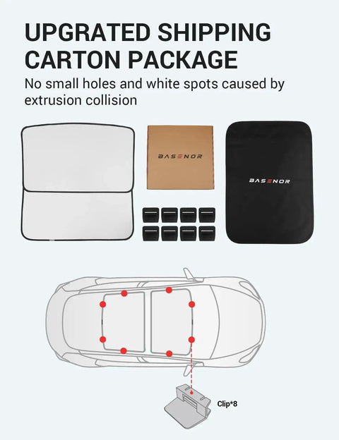 Model 3 Glass Roof Sunshade For Front And Rear With Storage Bag Black, shown with storage bag and installation diagram.