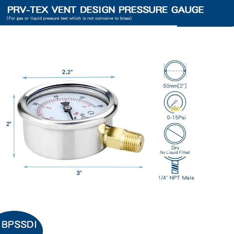 BPSSDI 0-15 psi low pressure gauge, 2.5-inch dial, 1/4-inch NPT lower mount, stainless steel case.
