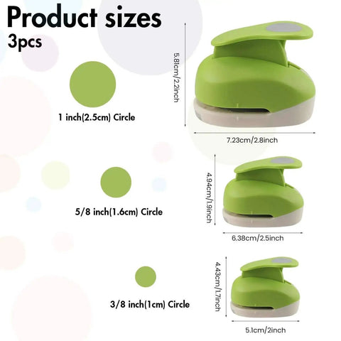Grab And Go Three Size Circle Hole Punch Set for scrapbooking with 1 inch, 5/8 inch, and 3/8 inch punches shown in green color.