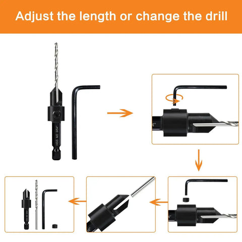 3 Pack Countersink Drill Bit Set For Woodworking With 3 In 1 Functionality Must Have Countersink Counterbore And Drill In One Pass Depth Adjustable M2 Pilot Bits 82 Degree Chamfer One Quarter Inch Hex Shank Includes Allen Wrench Sizes 10 12 16 image with Allen wrench and drill adjustments shown in diagrams