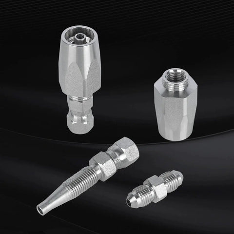 Components from Three Pack Reusable Hydraulic Hose Field Repair Kit For On Site Emergency Fix Of One Quarter Inch, Three Eighths Inch And One Half Inch Inner Diameters, Four Thousand PSI Rating, Compatible With R2 R16 R17 R19 Two Wire Hydraulic Hoses, Keeps Machinery.