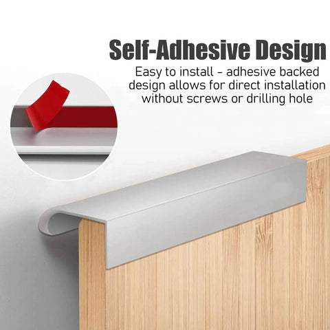 12 Pack Self Adhesive Drawer Pulls 3.15 Inch Silver Finger Edge Cabinet Handles showing hidden pull on wood panel