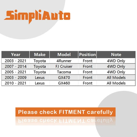 Fitment guide table for Front Wheel Bearing Hub Assembly 950-001 Direct Fit Ready To Roll Compatible With Toyota 4Runner 2003 To 2021 4WD Only 07 To 14 FJ Cruiser 05 To 21 Tacoma And Lexus GX460 03 To 09 GX470 Replacement Wheel Hub Bearing.
