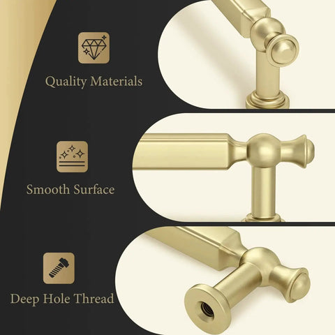 Close-up of Brushed Gold Cabinet Pulls 10 Pack, 5 Inch Hole Center Drawer Handles showing zinc alloy material and smooth surface design.