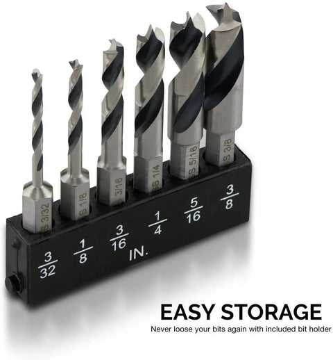 Six Piece Brad Point Drill Bit Set For Wood With Stubby Bits And 135 Degree Tip One Quarter Inch Quick Change Hex Shank HSS 4241