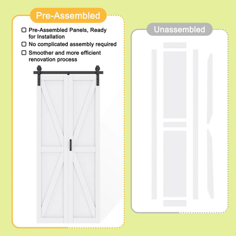 Space Saving 64 By 84 Inch Pre Assembled Solid Core Bifold Barn Door With White Primed Finish Folding Barn Door Kit Included For Closet Pantry Laundry Office Study And More pre-assembled illustration