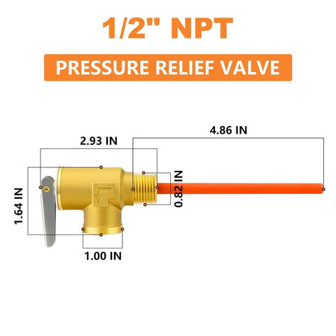 RV Water Heater Temperature And Pressure Relief Valve Half Inch NPT With Epoxy Coated Probe, brass body, dimensions shown