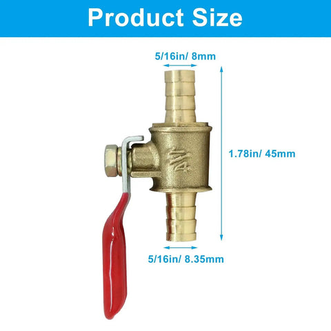 Front view of 4 Pack Five Sixteenth Inch Hose Barb Brass Ball Valves Kit with red handle, showing size dimensions.