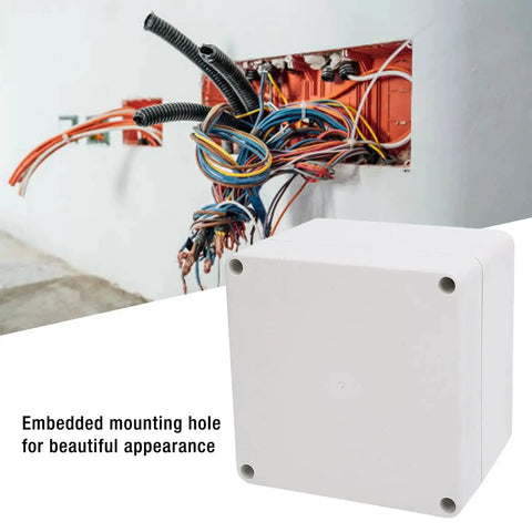 Rugged IP65 Waterproof Plastic Junction Box Enclosure for indoor and outdoor use shown with wiring setup and mounting holes