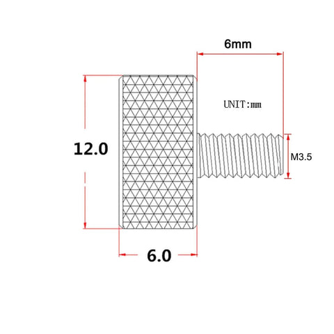 Diagram showing measurements of Graphics Card Thumb Screws M3.5-0.6x6mm Flat Head Knurled Black 12mm Length 10 Pack