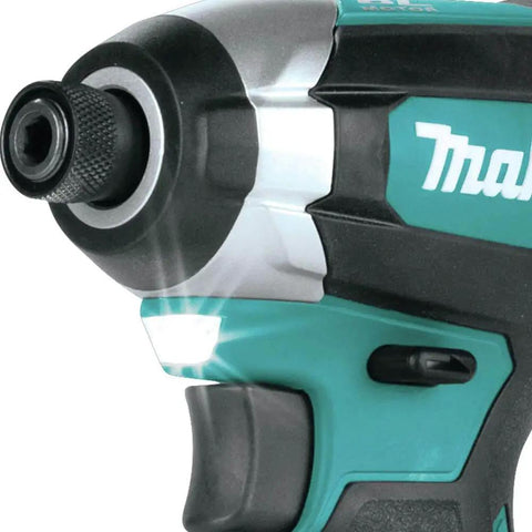 Close-up of impact driver from XT269M 18V LXT Brushless Cordless Two Piece Drill And Impact Driver Combo Kit with LED light on