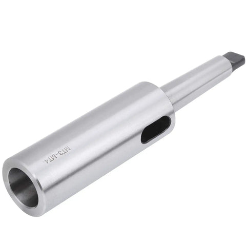 Vomeko MT3 to MT4 taper drill sleeve adapter, HS steel; silver cylindrical sleeve with oval side window