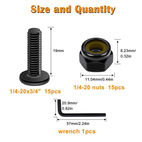 304 Stainless Steel Nuts and Bolts Kit One Quarter Inch by Twenty Threads Three Quarter Inch Long with wrench and nut detail