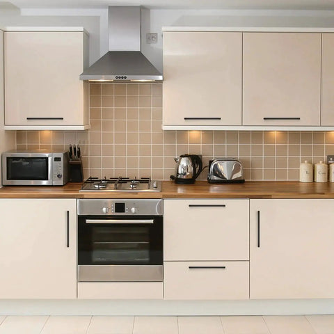 Modern kitchen with beige cabinets featuring 18 Pack 10 Inch Square Cabinet Handles Matte Black Pulls For Kitchen Cabinets And Drawers.