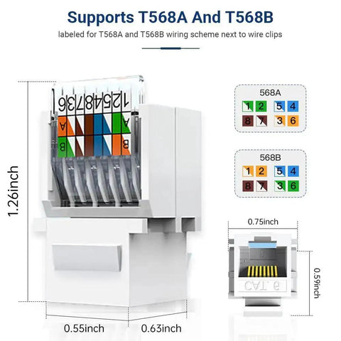 Diagram of Cat6 RJ45 Keystone Jacks Toolless 12-Pack, showing T568A and T568B wiring schemes, no punch-down tool required, white