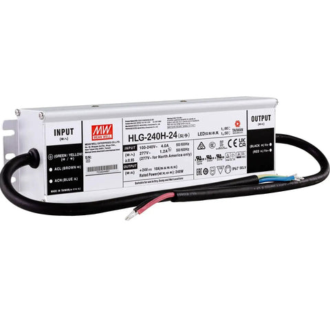 HLG-240H-24 240W 24V DC Switching Power Supply LED Driver with dual mode CV and CC output, white metal casing and cables visible