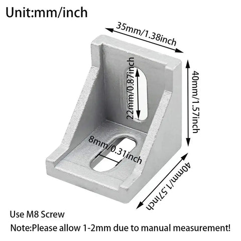 Inside Corner Bracket Gusset for 4040 Aluminum Extrusion with 8mm Slot, 3D view showing dimensions for industrial frames