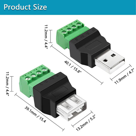USB 2.0 Type A To 4 Pin Terminal Block Connector Adapter Pack showing product dimensions
